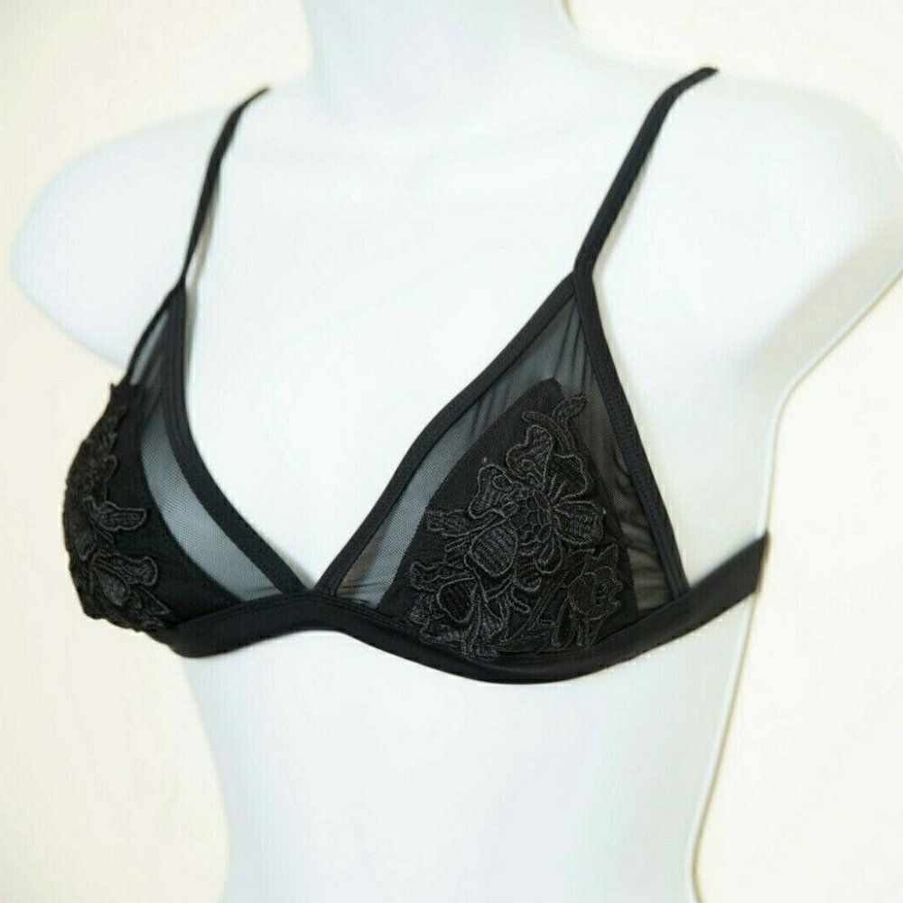 Embroidered Mesh Triangle Bikini Top Black - Picture 3 of 4